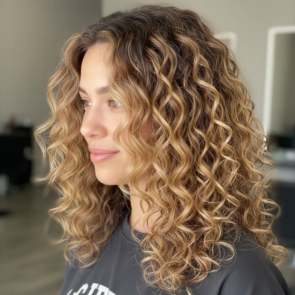 Balayage highlights op krullend haar